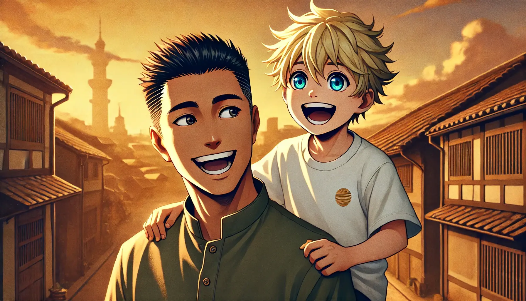 Artistic illustration of father and son in a traditional Japanese street
