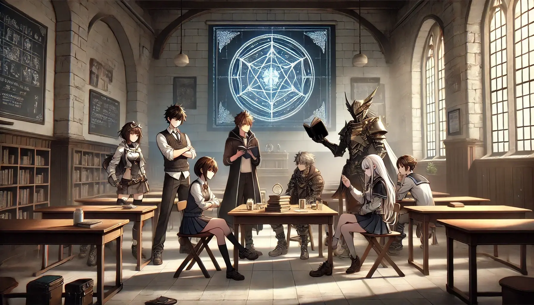 Magical fantasy book club scene in an enchanted forest